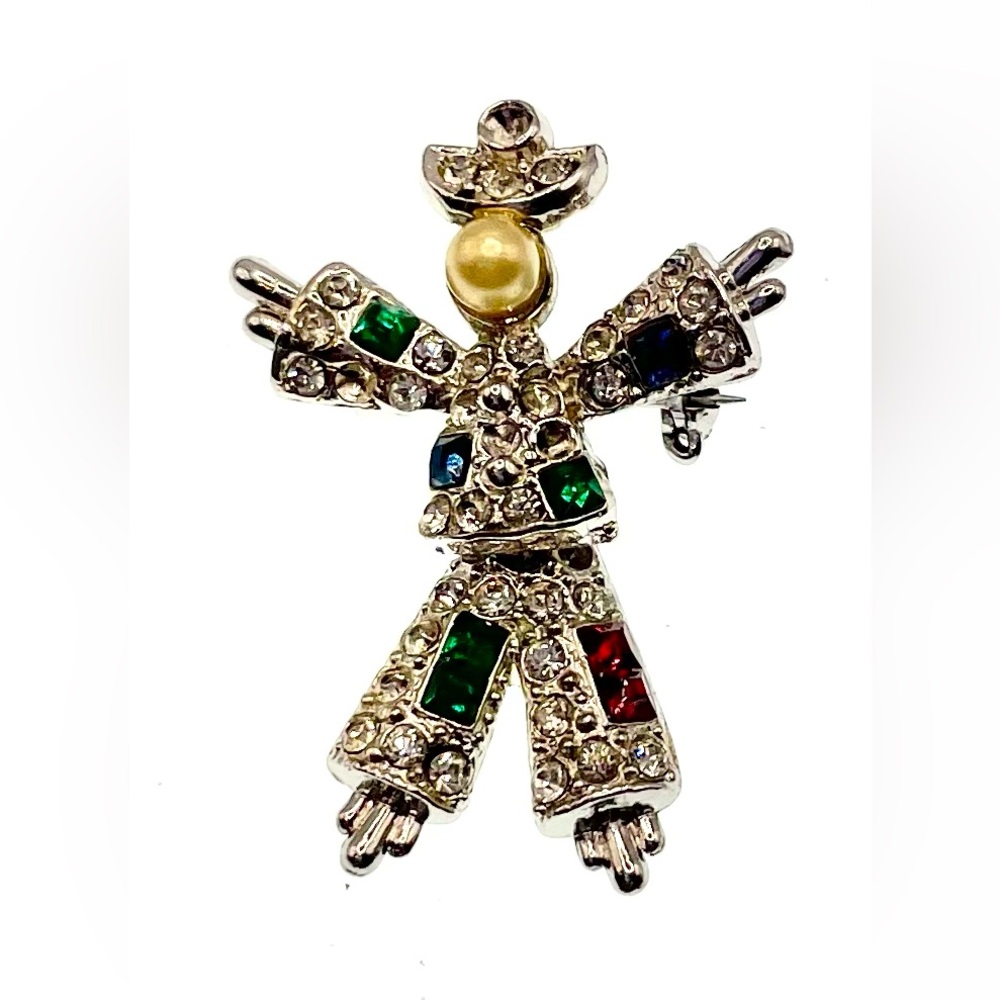 Vintage Silver Tone Articulated Dancer Small Brooch Scatter Pin Crystals